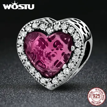 WOSTU Nye Kollektion Rose pink Hjerte med CZ Charms Perler til smykkefremstilling er Ægte 925 Sterling Sølv Gratis Fragt BLC055