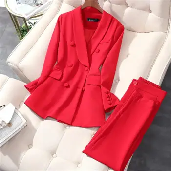 Mode suit suit kvinder foråret New høj kvalitet Røde Dobbelt-Breasted jakkesæt + bukser To-stykke OL passer til kvinder i størrelse M-5XL