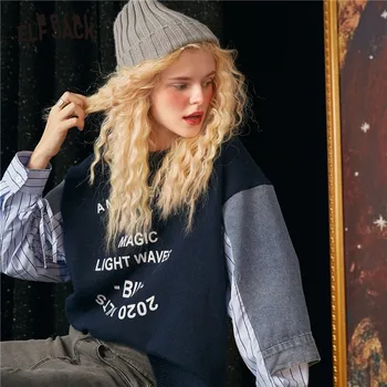 ELFSACK Brev Print Pullover Strik Casual Sweater Kvinder,2020 Efteråret ELF Patchwork Fuld Ærme,koreanere Damer Oversize Daglige Toppe