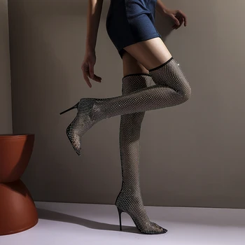 Kvinder Sexy Høje Hæle Mesh Lange Støvler 2020 Sommeren Over Knæet Støvler Kvindelige Crystal Fiskenet Sokker I Sandaler Mousserende Pumper Sko