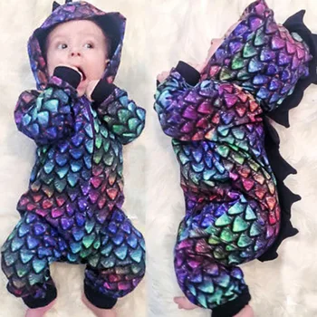 2019 Efteråret Dinosaur Nyfødte Baby Rompers Mode Skala Print Hætteklædte Buksedragt Søde Spædbarn Tøj Til Drenge, Piger
