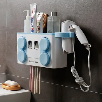 Familie Tand Børste Sæt Nem Installation Plast Badeværelse Tandbørste Storage Rack Tandpasta Dispenser med 4 Cup