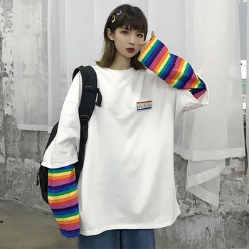 Falsk To Stykker Regnbue Striber Kvinders Sweatshirts Patchwork Brev langærmet Dame Toppe 2021 Foråret koreansk Kvinde Sweatshirt