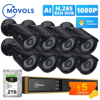 Movols 8CH AI CCTV Kamera System 1080P Sikkerhed Overvågning Kamera DVR Kit-Vandtæt Udendørs Hjem Videoovervågning System