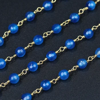 HanKun 6mm Facetslebne Blå Runde Perler Med Messing Tråd Viklet Rosenkrans Kæde For at Lave Smykker, Sten Perle Kæde