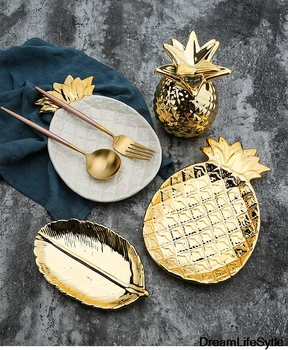 Nordisk guld hjem dekoration keramiske ananas forfængelighed skuffe snuske fad smykker badeværelse arrangør skål kvindelige brudepige gave