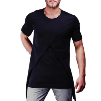 Mænds Bryst Cross Hip-hop kortærmet Tshirt Solid Uregelmæssige Hem Hipster T-shirt Til Mænd Streetwear Sommer Toppe Tee Tøj
