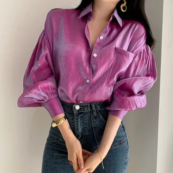 2020 New Spring koreansk Edition langærmet Løse Kvinder Bluse Gradient Reflekterende Elegante Kvinder Shirt, Toppe Blusas Mujer 8051 50
