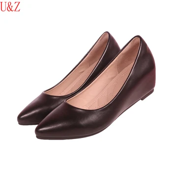 Superior-Comfy kvinder pumper Højde øget Sort læder hæle kiler 4cm sko Kvindelige kontor formelle sko Pink Abrikos