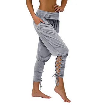 Sfit Kvinders Fødder Bukser med Høj Talje, Lommer Rem Casual Bukser Bandage Løse Bukser Solid Farve Slank Yoga Bukser, Sweatpants