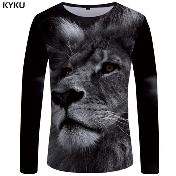 KYKU Lion T-shirt Mænd langærmet skjorte Grå Cool 3d Animalske T-shirt Tøj Punk Streetwear Herre Beklædning Nye S-XXXXXL