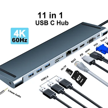 USB Type C-HUB til HDMI RJ45 Multi-Funktion 11 i 1 Carde Læser OTG PD Adapter Støtte MacBook Pro, Galaxy Lenovo USB 3.0-C-HUB