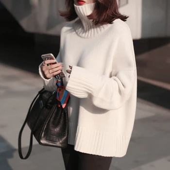 Ged cashmere uld tilføje tykke kvinder mode pullover sweater løs rullekrave sløv casual beige 4color farve S/M/L