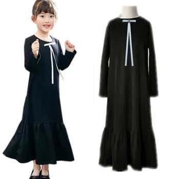 Børn & teenager store piger med lange ærmer sort bomuld casual flare maxi kjole med aftagelige pin 3 til 16 år fall winter dress