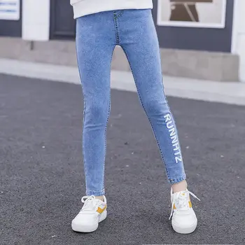 Pige Teenage Skinny Jeans Nye Ankomst Kids Classic Høj-Taljen Skinny Jeans Medium Blå Denim Bukser Brev Print Baby Bukser