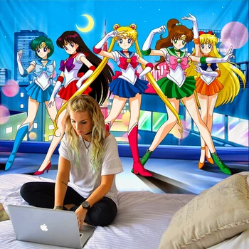 Sailor Moon Anime-Tapetet lærred Drenge og Piger style Sovesal Sengetæppe Yoga blanketHome Kunst Væggen Hænger Psykedelisk tæppe