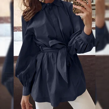 Kvinder, Mode Bluser Elegante Lange Puff Ærmer Shirt Streetwear Solid Revers Toppe Afslappet Part Kontor Bælte I Taljen Blusa Oversize