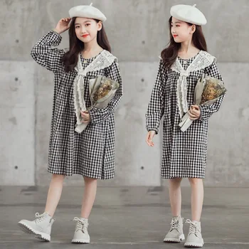 2020 Efteråret Koreanske Teenage Piger Ternet Kjole Kids Søde Prinsesse Kjole Børn Bomuld Tøj Piger Elegant Casual Kjole, #9129