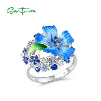 SANTUZZA Sølv Ringe Til Kvinder i Ægte 925 Sterling Sølv Fine Blå Blomst Trendy Fine Smykker Håndlavet Emalje