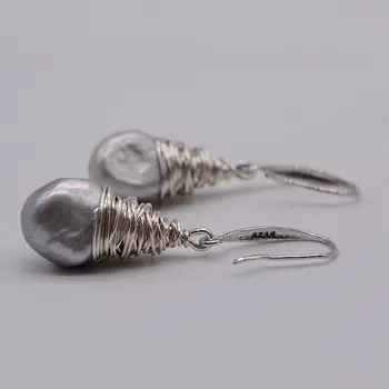 Håndlavede sølv øreringe, naturlige barok perler, grå perler, 925 sterling sølv, kvinders øreringe