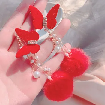 MWSONYA koreanske Elegant Rødt Fløjl Sommerfugl Stor Hårbold Øreringe til Kvinder Pearl Kæde Kvast Pendientes Smykker Gaver