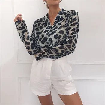 Jocoo Jolee Kvinder Afslappet langærmet Leopard Chiffon Blouse Foråret Kontor Dame urn Down Krave Løs Shirts Plus Size Tunika Toppe