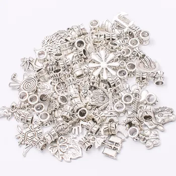 Bland 50stk/50 forskellige charme Tibetansk sølv-Perle-Charme kæmpe hul vedhæng passer til Pandora armbånd DIY vedhæng JS669