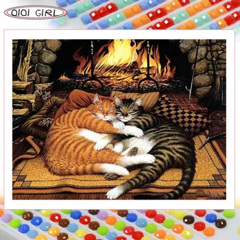 QIQI PIGE diamant maleri kit runde square fuld diamant broderi mosaik tegnefilm dyr, to katte, varme kunsthåndværk deko