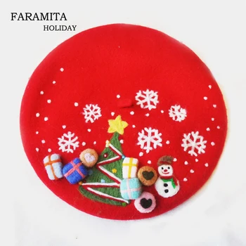 Faramita Ferie Christmas Tree 3D Sne Rød Kvinder, Børn, Forældre-barn-Gaver fransk Baretter Uld Håndlavet Maler Hatte, Caps Hat
