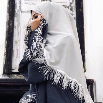 Fjer Chiffon Tørklæde Hijab Kvinder Solid Farve Og Sort Sjaler Stor Størrelse Hovedbøjle Tørklæder Cappa Wraps Bandana Islamiske Foulard
