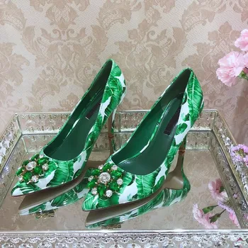 VIISENANTIN 2019 nye grønne blad print i høj hæl sko 6 cm 10 cm hæl lavvandede munden spids tå sapatos crystal sommer sko