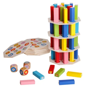 54Pcs Træ-byggesten Toy Tegnefilm Dyr Farverig Regnbue Domino Stabling Tower Kreative brætspil for Baby Gaver