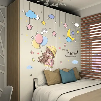 [shijuekongjian] Tegneserie Pige Balloner Wall Stickers DIY Stjerner, Månen, Skyerne Vægmaleri Decals til Børn Værelser Baby Soveværelse Dekoration