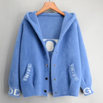 Efterår og Vinter Mink Cashmere Cardigan Sweater Hooded Coat Kvinder Mode Print Casual Mink Trøjer, varm Overtøj Kvindelige R4