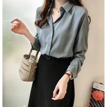 Efteråret 2020 ny koreansk stil kvinders temperament ensfarvet skjorte med lange ærmer top enkel ol chiffon skjorte bunden shirt