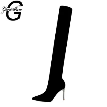 GENSHUO 2021 Mode Stretch Sok Støvler Spidse Tå Over-the-Knæ-Hæl Låret Høje Spidse Tå Kvinde Efteråret Boot size (34-40