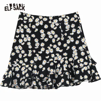 ELFSACK Sort Daisy Blomster Uregelmæssige Flæse Hem Afslappet Kvinder Mini Nederdele 2020 Sommeren Vintage En Linje koreanske Damer Daglige Bunde