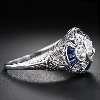 925 anillos Sølv Retro Domstol Fuld Cubic Zirconia Ring Til Kvinder, Damer Elegante Blå Krystal Ringe Banket Safir Smykker