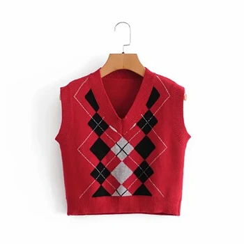 Fed Skygge Streetwear 90'erne Vintage Argyle Sweater Vest Grunge V-hals Strik Crop Tops Kvinder Ærmeløs Indie Æstetiske Pullover
