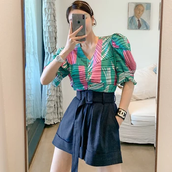 Nye ankomst mode koreansk stil-sæt til kvinder sommeren elegant temperament kontor dame shorts og print skjorte to-delt sæt