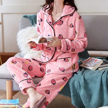 Efterår Og Vinter Kvinder Flannel Cute Pyjamas Sæt Lounge Wear Løs Top Elastisk Talje, Varm, Blød Nattøj Homewear Tøj