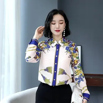Kvinder Foråret Efteråret Shirt koreanske Retro Udskrivning Revers Casual Bluse Nye Slanke og Tynde med Lange Ærmer Kvindelige Bluse Toppe LL777