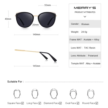 MERRYS DESIGN Kvinder Luksus Brand Cat Eye Solbriller Damer Mode Polariserede solbriller UV400 Beskyttelse S6139