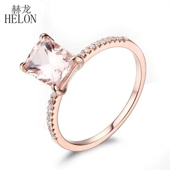 HELON Massivt 14K Guld AU585 Certificeret Pude 8x6mm Naturlige Morganite & Diamond Engagement Bryllup Kvinder, Trendy Smykker Ring
