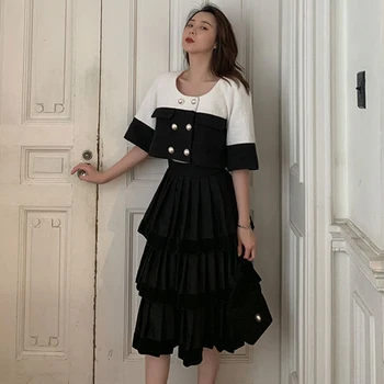 XITAO Patchwork Vintage Flæser Multi-Lag Nederdel Kvinder 2019 Efteråret New Style Black Naturlige Talje og En Linje Nederdel i Elegant GCC2095