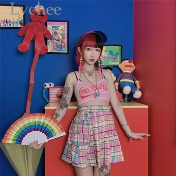 Lychee Preppy Stil Rainbow Plaid Plisserede Kvindelige Nederdel med Høj Talje Mini Nederdel Ovenfor Knæet Sommeren Flæser A-line Nederdel Kvinder