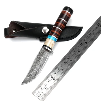 Damaskus mønster stål Jagt kniv med Fast Blad Kniv Læder håndtag Taktiske Kniv Udendørs camping overlevelse Knive gave