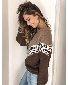 Løs Efterår og Vinter Leopard Trøje til Kvinder med Lange Ærmer Pullover Plus Size Damer Trøjer Høj Kvalitet Strikket Oversize trøjer