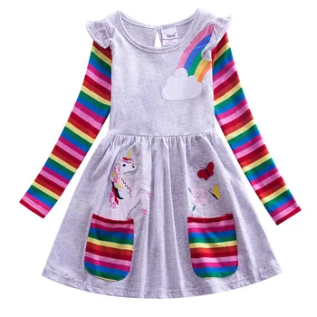 Piger langærmet kjole broderet nye efteråret lomme ærmer rainbow bomuld kjole ydre slid part barn kjole 81035