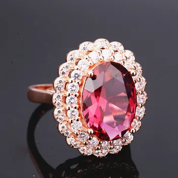 Stor rød krystal ruby ædelstene, diamanter, ringe til kvinder 18k rosa guld farve luksus smykker bijoux bague part gaver tilbehør